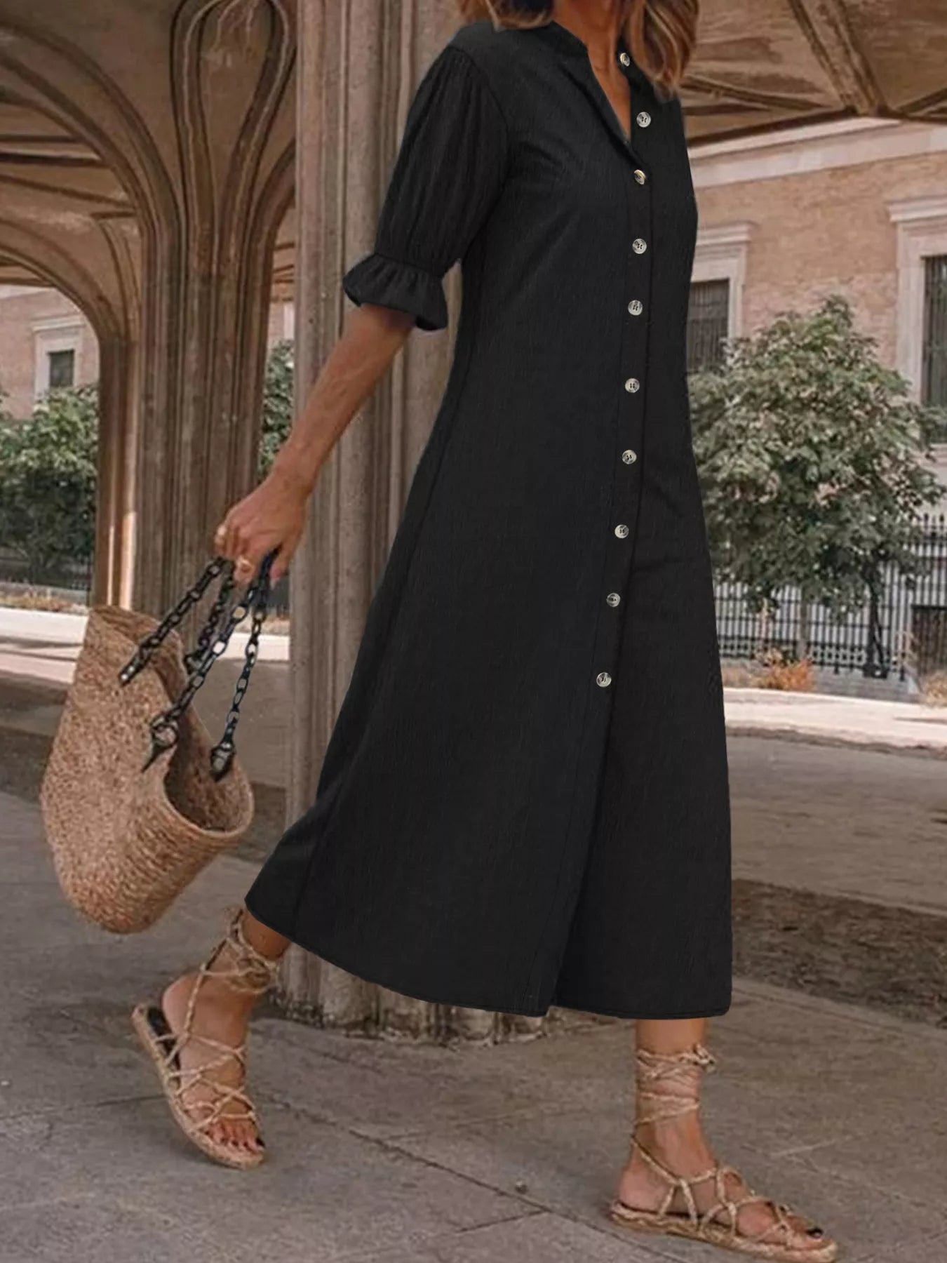 Sarah Express Women's Plus Size Button Front Puff Sleeve Shirt Dress