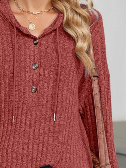 Sarah Express Women's Ribbed Knit Hoodie with Button Detail - Casual Drawstring Pullover