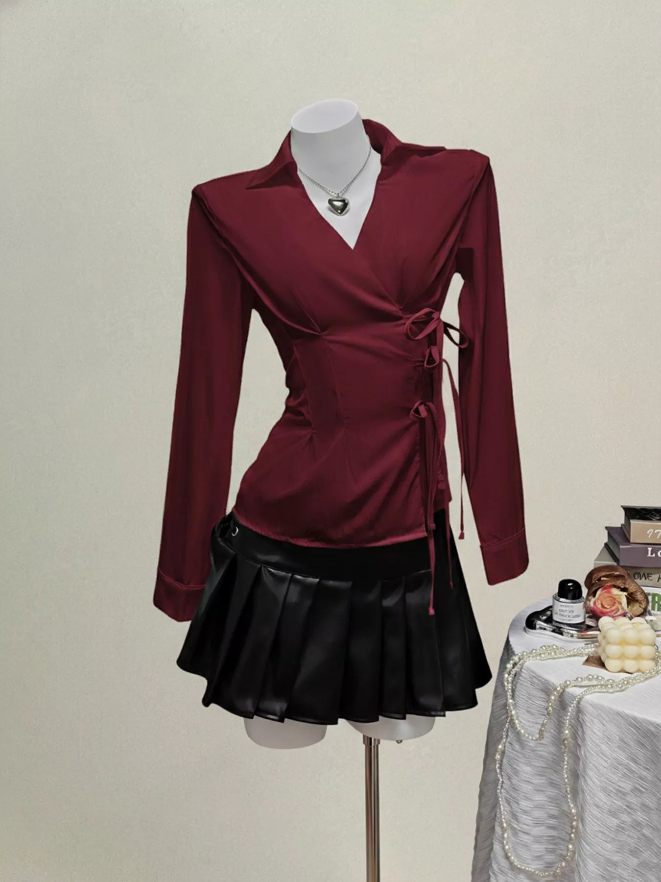 Sarah Express Women's Side Tied Long Sleeve Shirt Wine Red