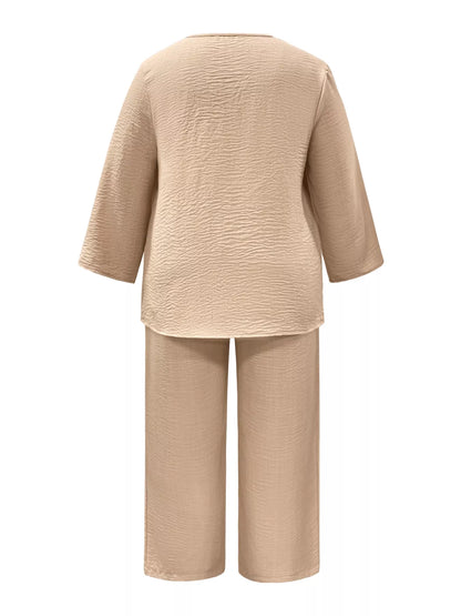 Sarah Express Women's Plus Size V-Neck Long Sleeve Top and Pants Set