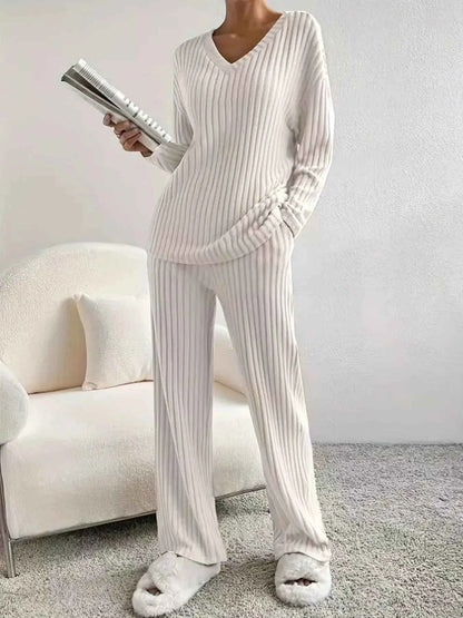 Sarah Express Women's Ribbed Knit V-Neck Top and Pants Set - Two Piece Lounge Set