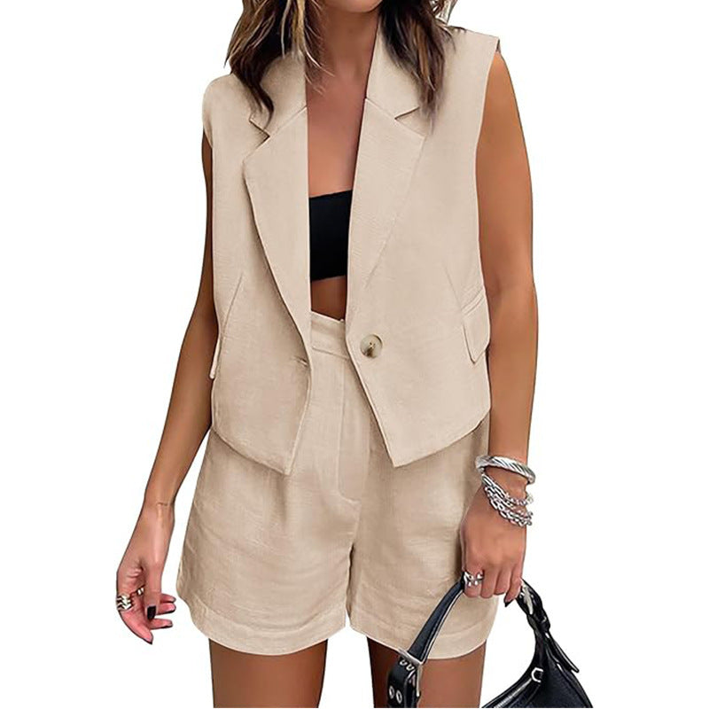 Sarah Express Sleeveless Button Vest High-Waist Shorts Two-Piece Set