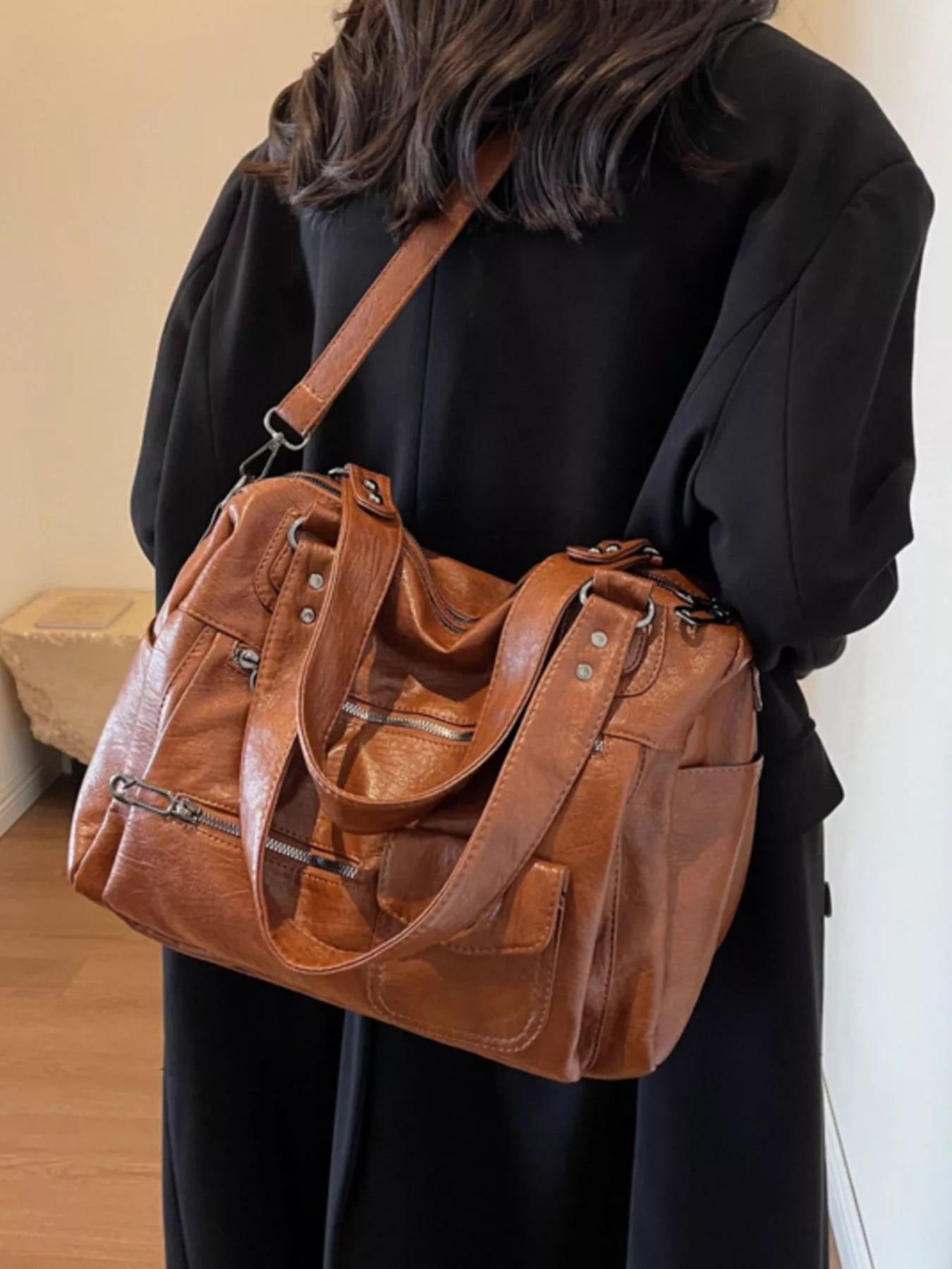 Sarah Express Women's Vintage Multi-Pocket Crossbody Bag - PU Leather Shoulder Bag