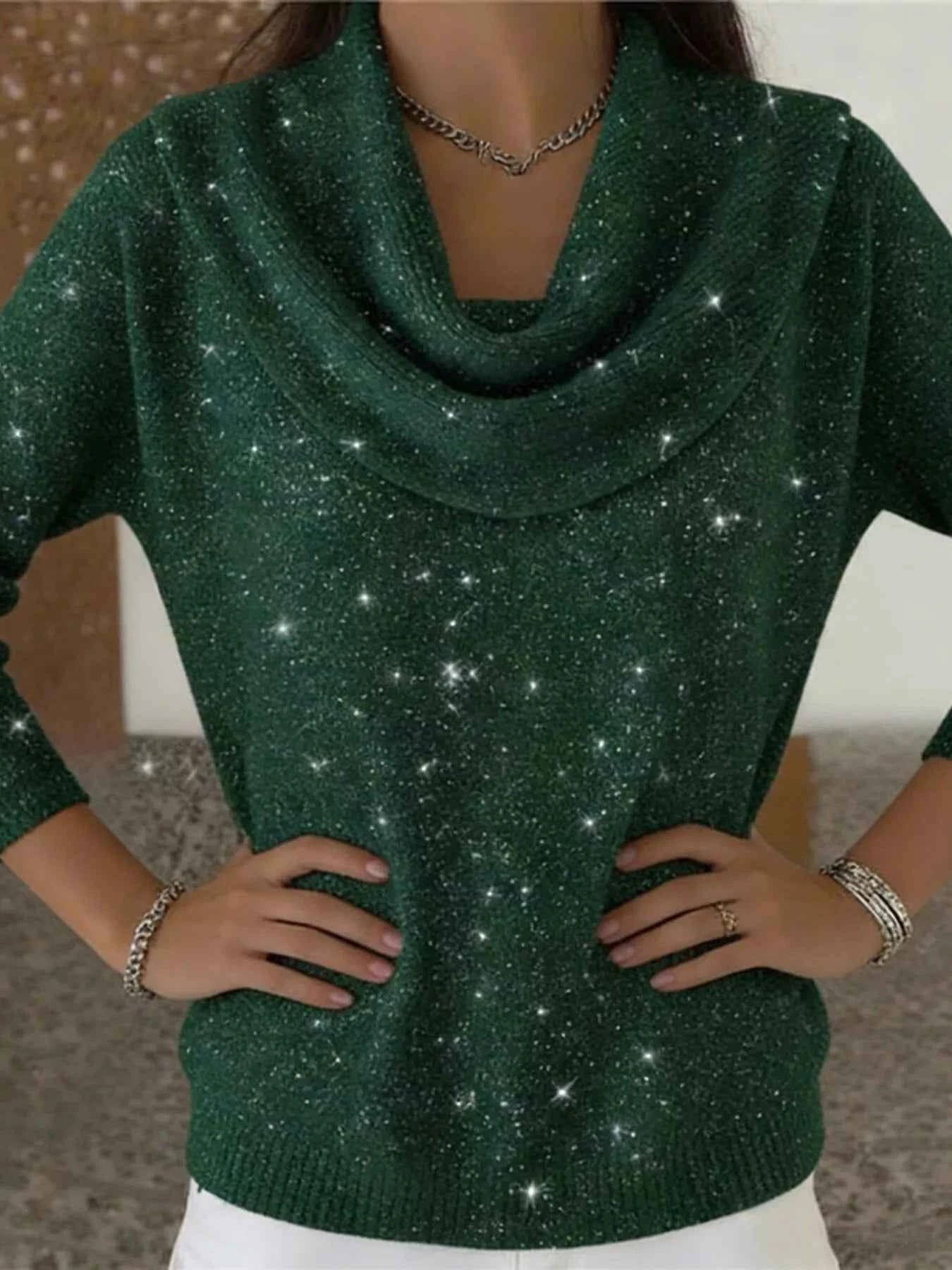 Sarah Express Women's Glitter Cowl Neck Long Sleeve Sweater Plus Size