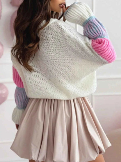 Sarah Express Women's Color Block Round Neck Sweater - Ribbed Knit Long Sleeve Pullover