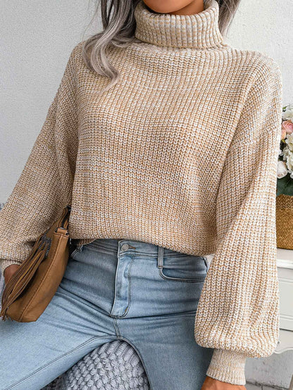 Sarah Express Women's Mixed Color Turtleneck Sweater - Lantern Sleeve Knit Pullover