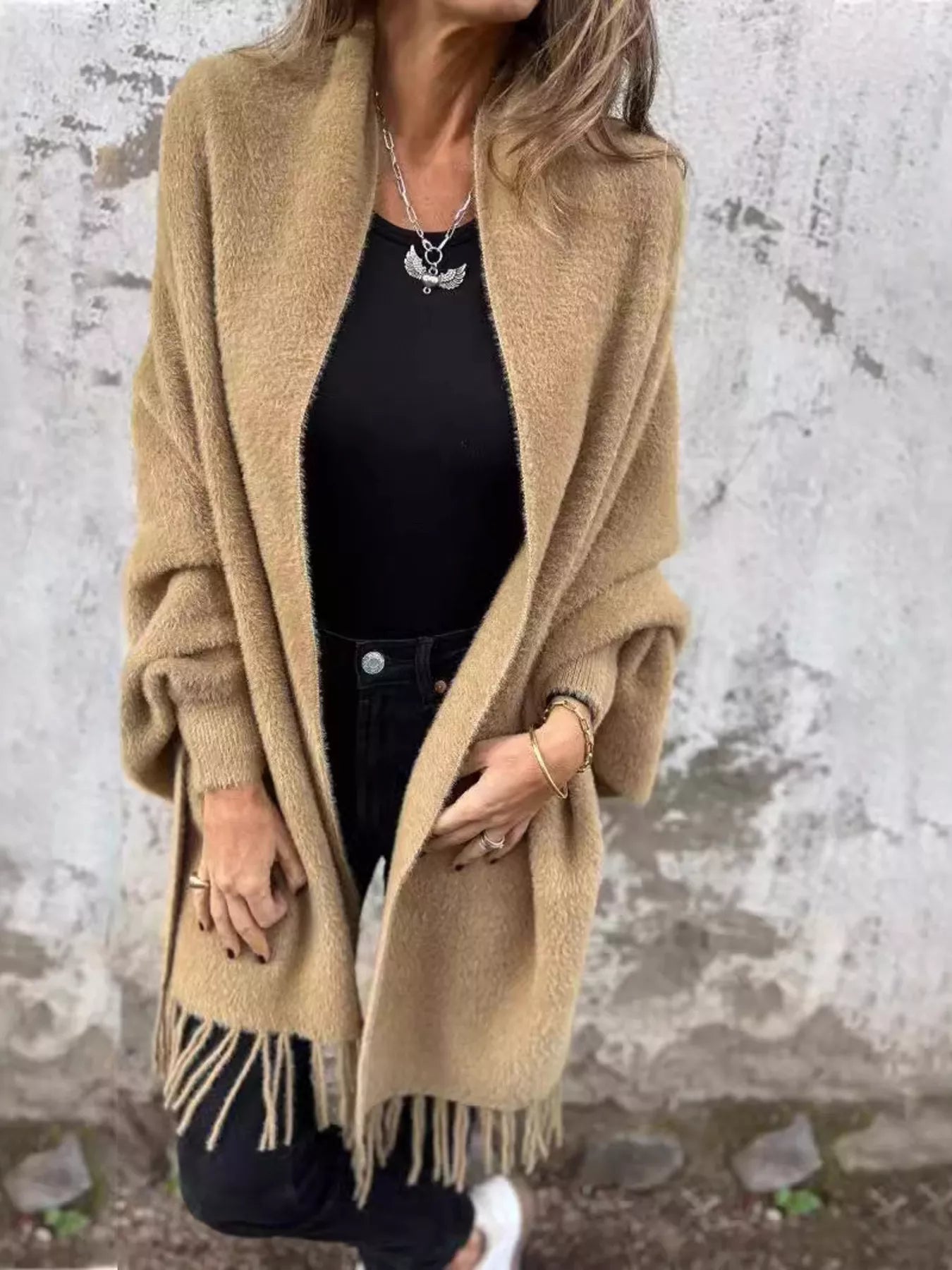 Sarah Express Women's Fringe Open Front Cardigan Plus Size Dark Brown