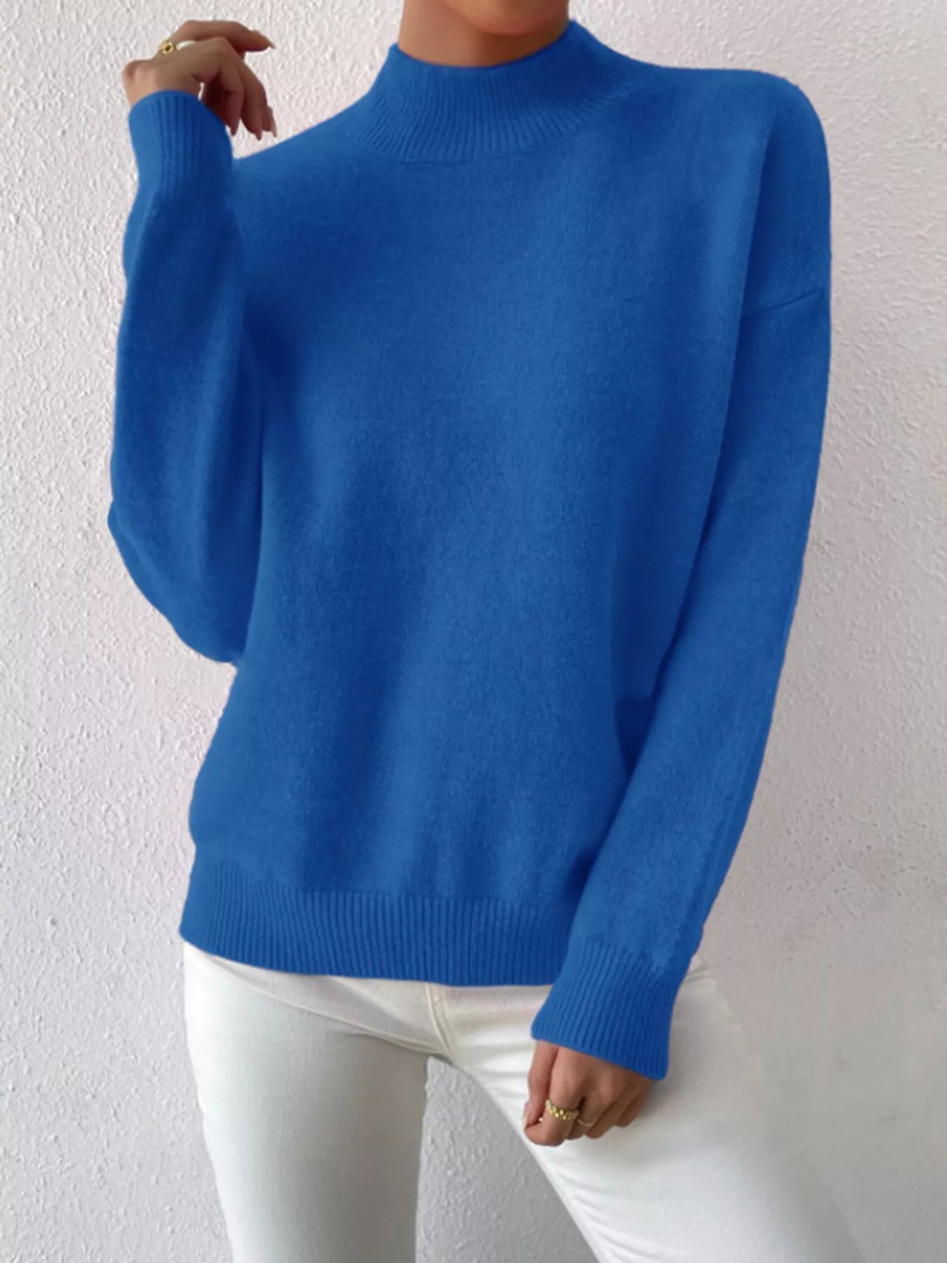 Sarah Express Women's Mock Neck Dropped Shoulder Sweater Blue