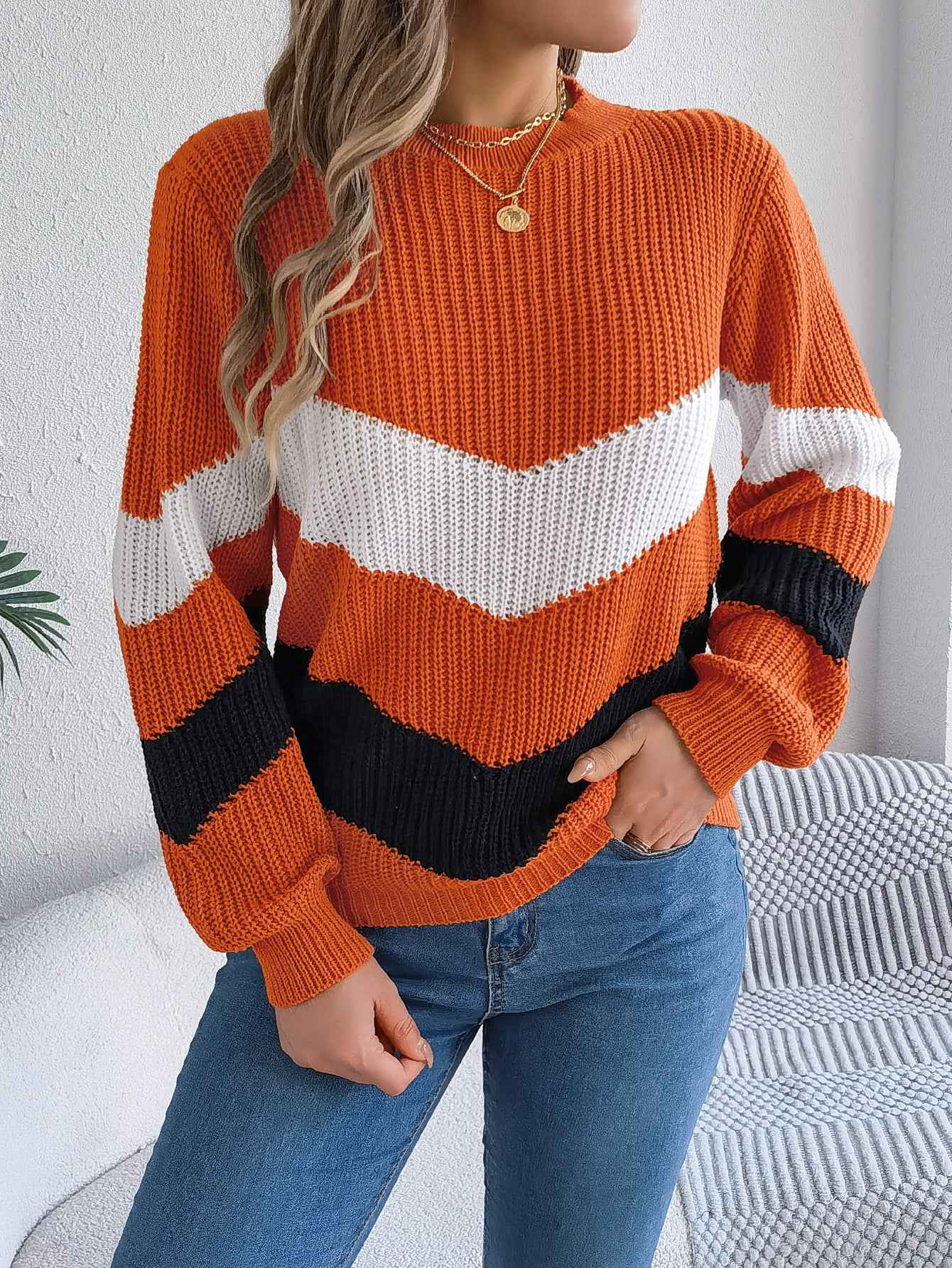 Sarah Express Women's Color Block Lantern Sleeve Pullover Sweater - Casual Knitwear