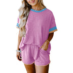 Sarah Express Women's Color Block Two Piece Set Three Quarter Sleeve Top Shorts Casual Suit