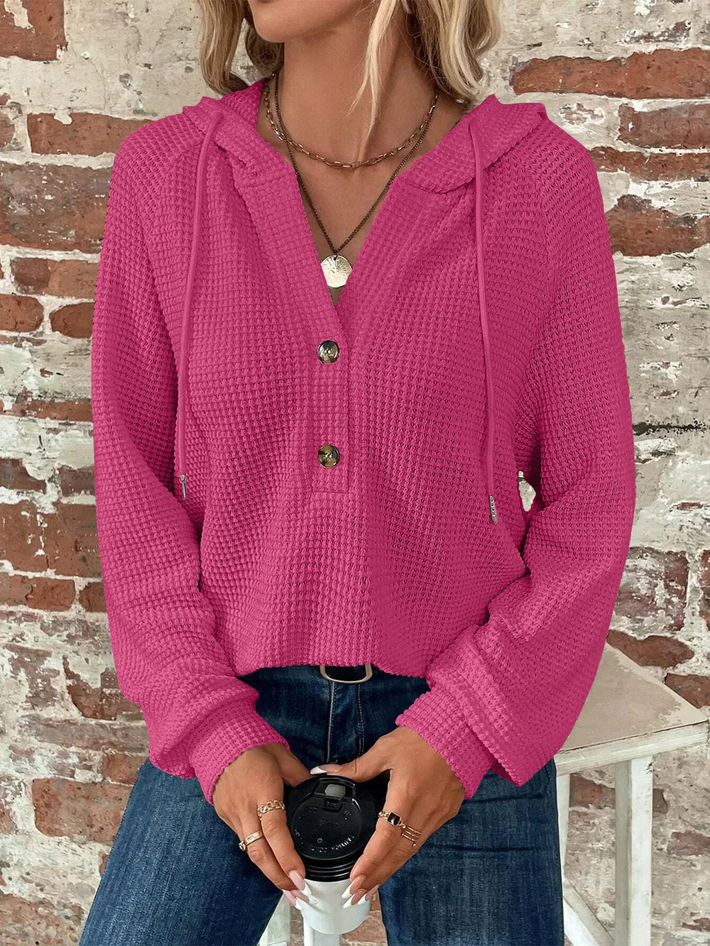 Sarah Express Women's Waffle Knit Long Sleeve Drawstring Hooded Top Hot Pink