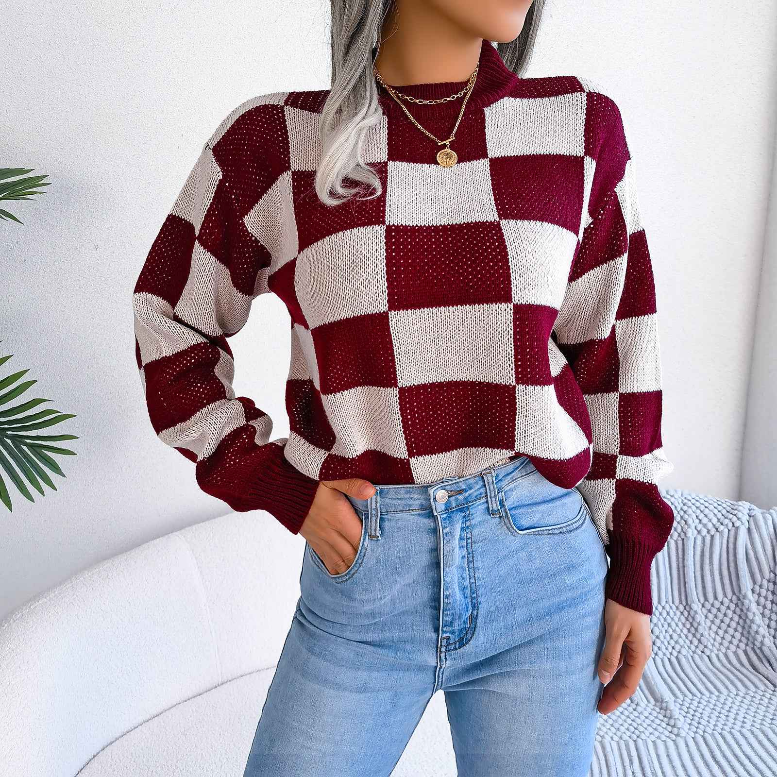 Sarah Express Women's Color Block Plaid Knit Sweater - Oversized Pullover with Lantern Sleeves