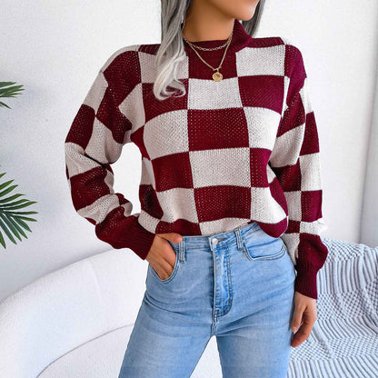 Sarah Express Women's Color Block Plaid Knit Sweater - Oversized Pullover with Lantern Sleeves
