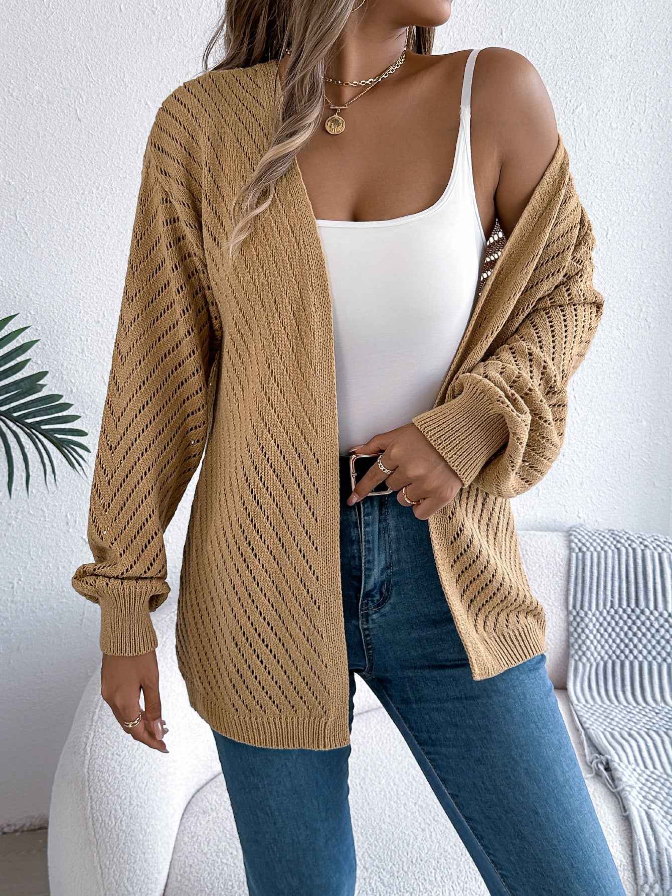 Sarah Express Women's Hollow Out Cardigan Sweater - Long Sleeve Knit Cardigan