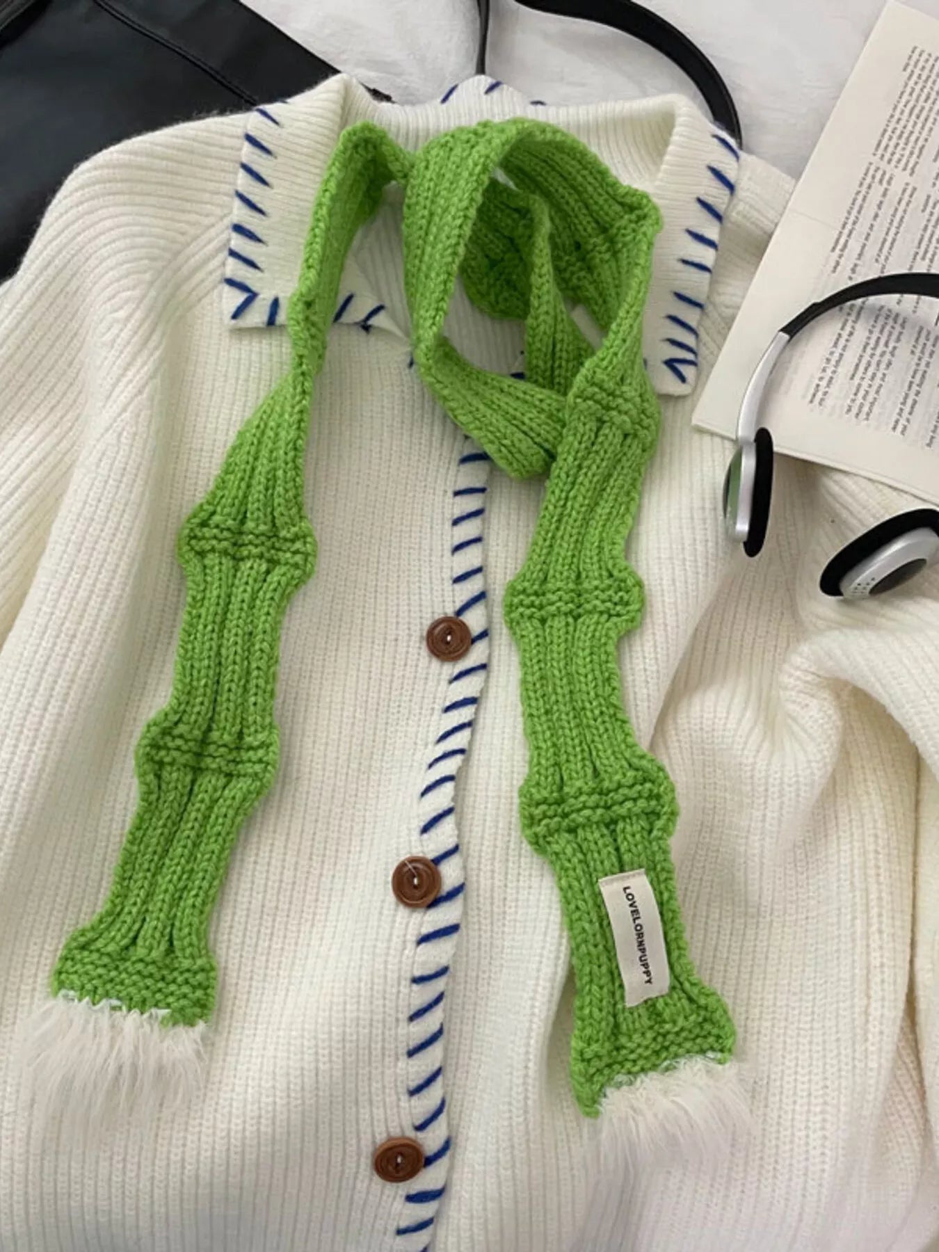 Sarah Express Women's Knitted Plush Trim Scarf Green One Size