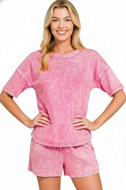 Sarah Express Women's Snow Washed Tee and Shorts Set - Casual Matching Lounge Set