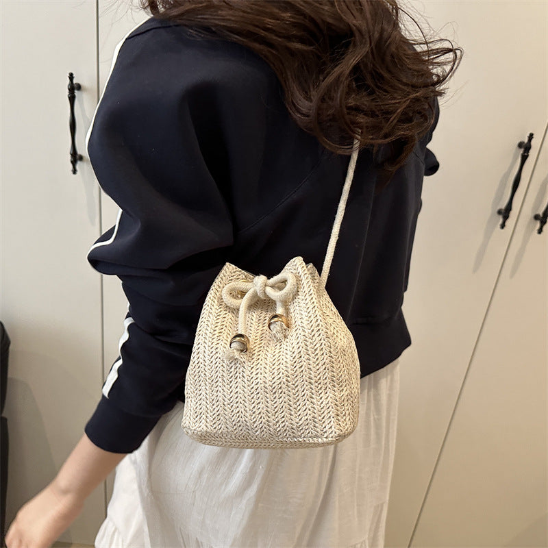 Sarah Express Women's Woven Straw Bucket Bag - Casual Crossbody Shoulder Bag with Adjustable Strap White