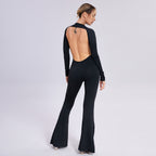 Sarah Express Women's Long Sleeve Open-Back Slim-Fit Straight-Leg Jumpsuit Evening Wear