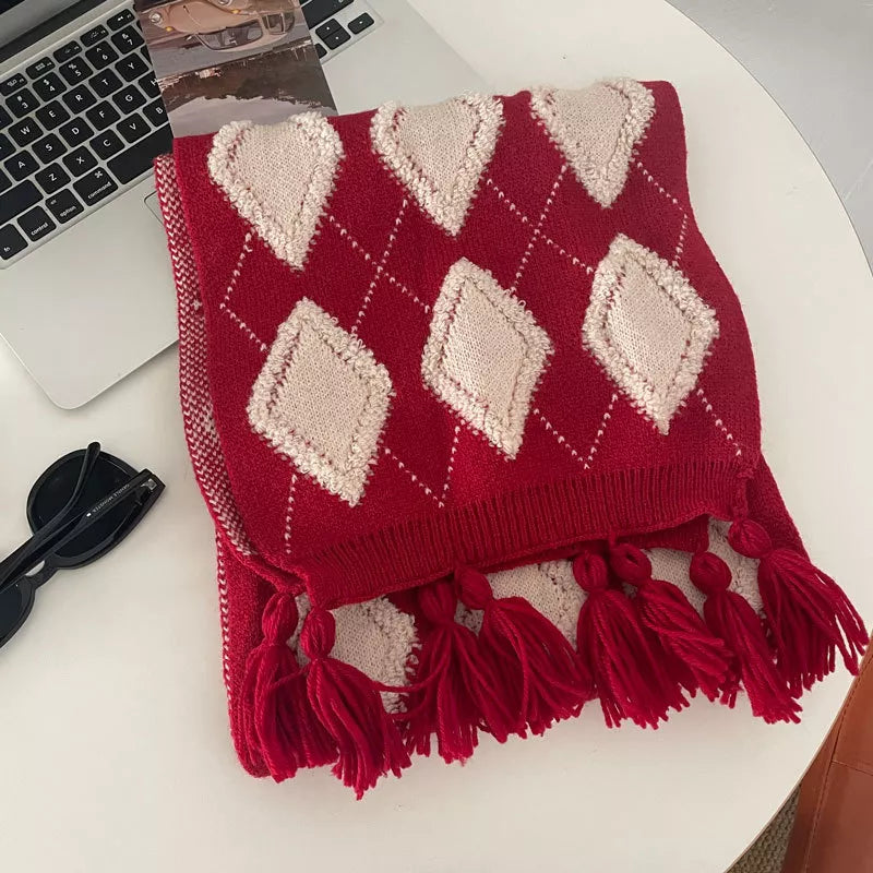 Sarah Express Women's Diamond Pattern Knitted Tassel Scarf Red One Size