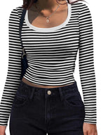 Sarah Express Women's Striped Long Sleeve Scoop Neck T-Shirt