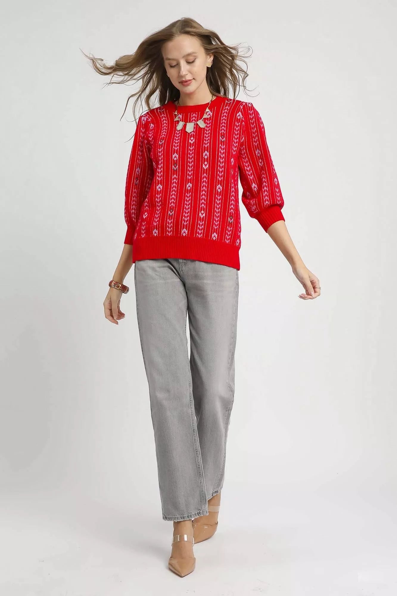 Sarah Express Women’s Jacquard Knit Puff Sleeve Sweater Casual