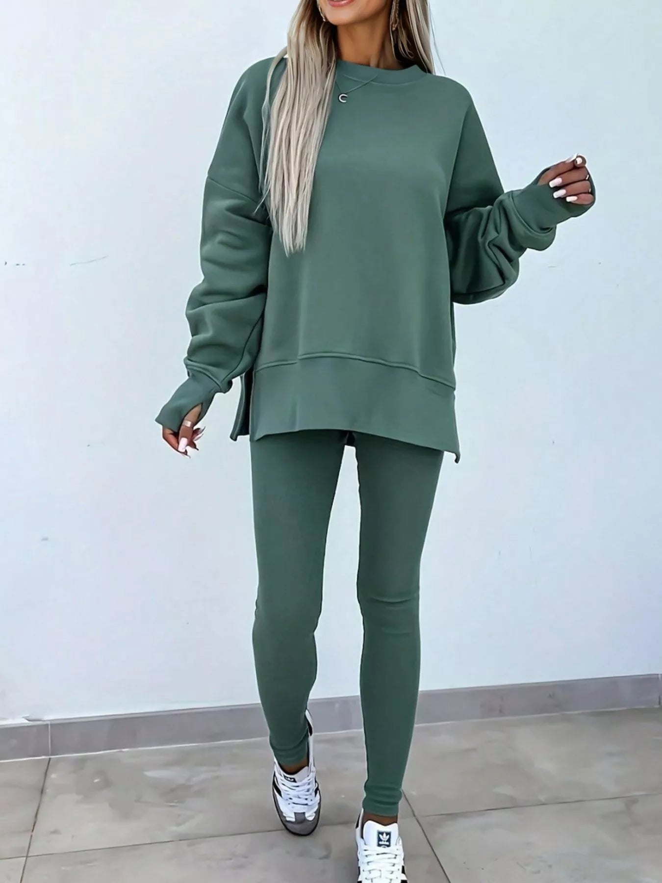 Sarah Express Women's Solid Color Oversize Slit Sweatshirt and Ribbed Leggings 2pcs Set Moss