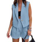 Sarah Express Sleeveless Button Vest High-Waist Shorts Two-Piece Set