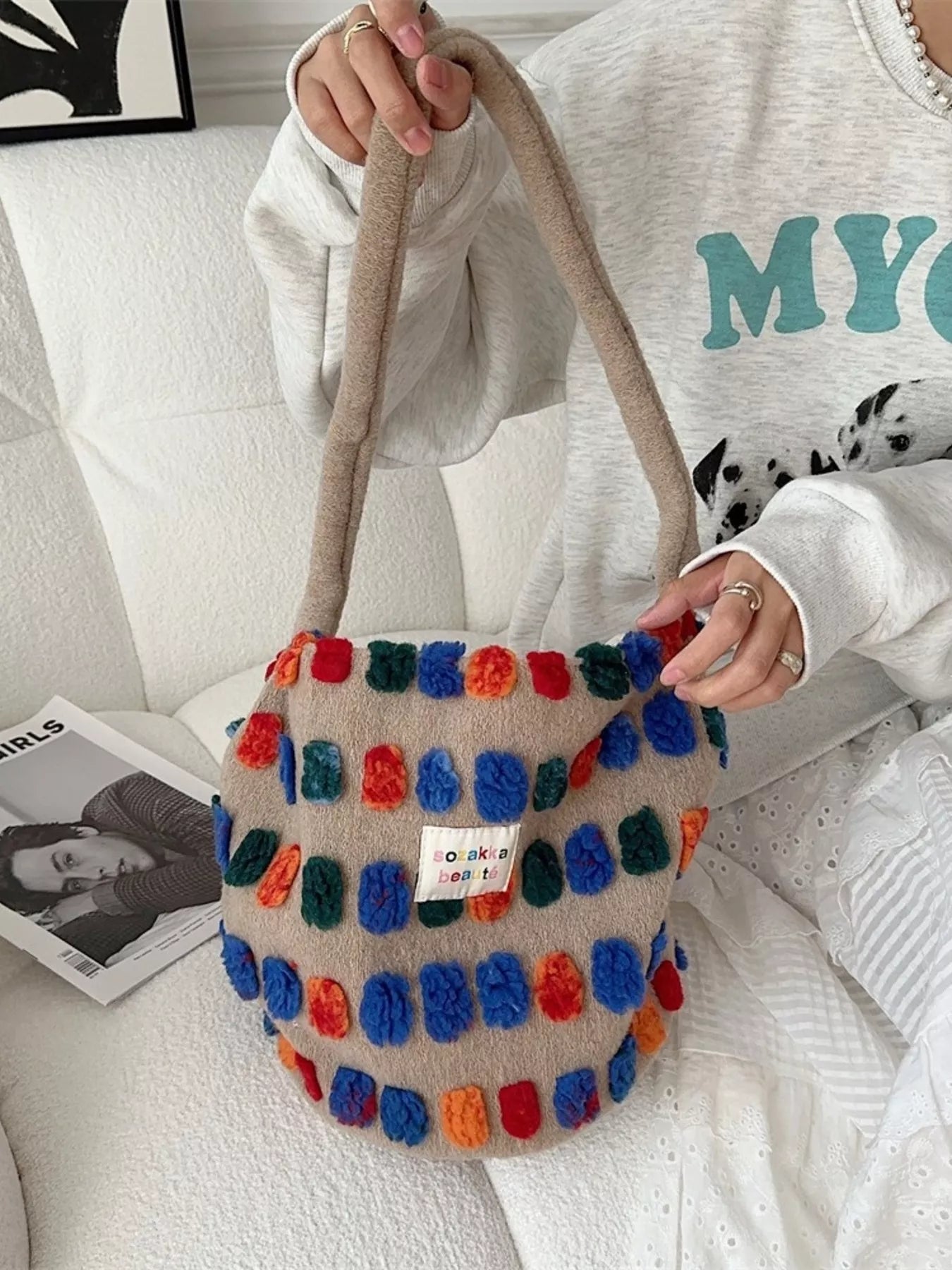 Sarah Express Women's Colorful Pom-Pom Plush Crossbody Bag