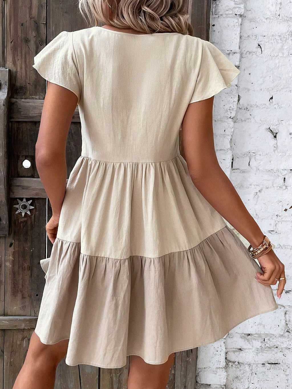 Sarah Express Women's Colorblock Smock Dress Keyhole Neckline Ruffle Hem Short Sleeve A-Line