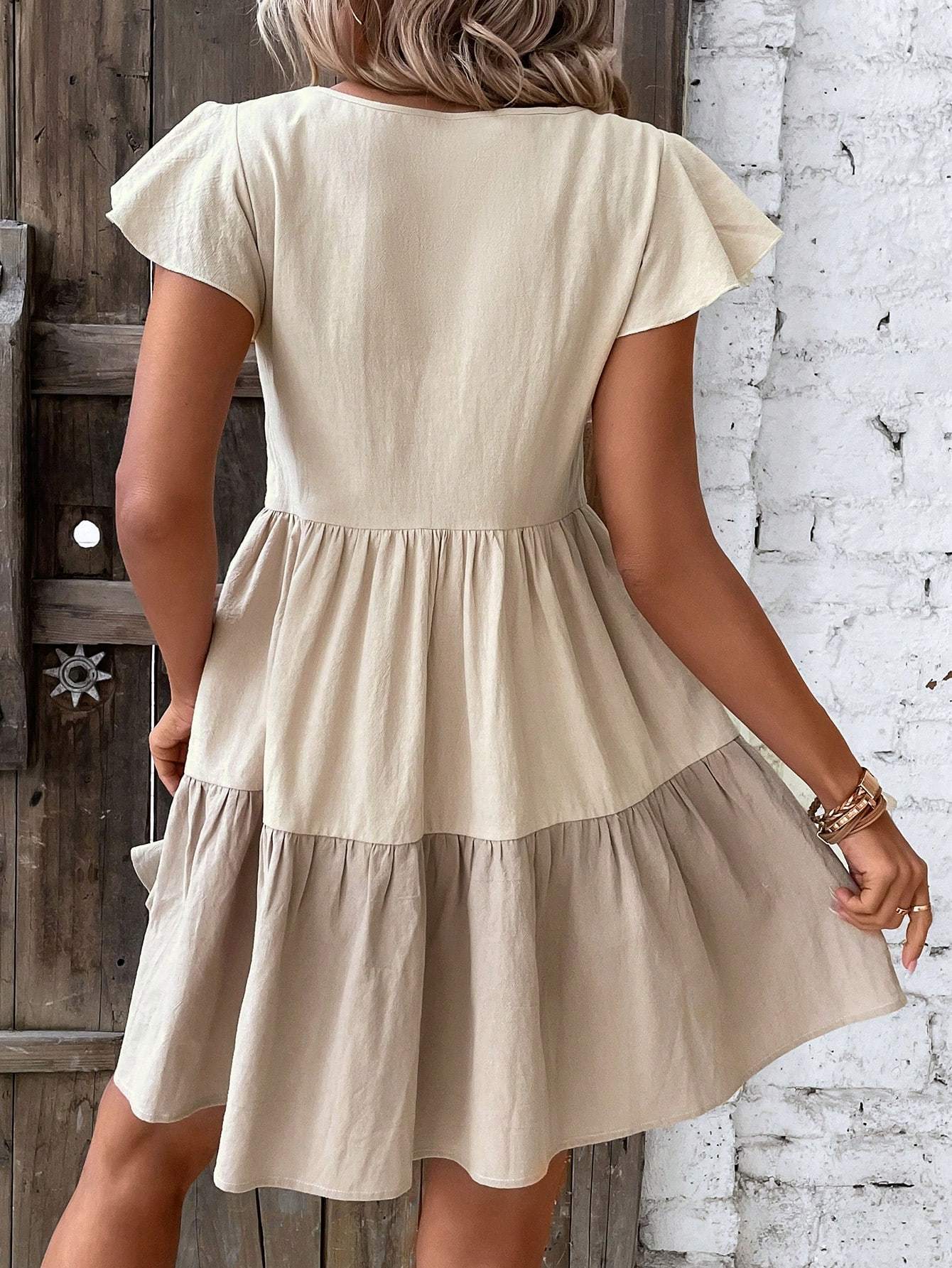 Sarah Express Women's Colorblock Smock Dress Keyhole Neckline Ruffle Hem Short Sleeve A-Line