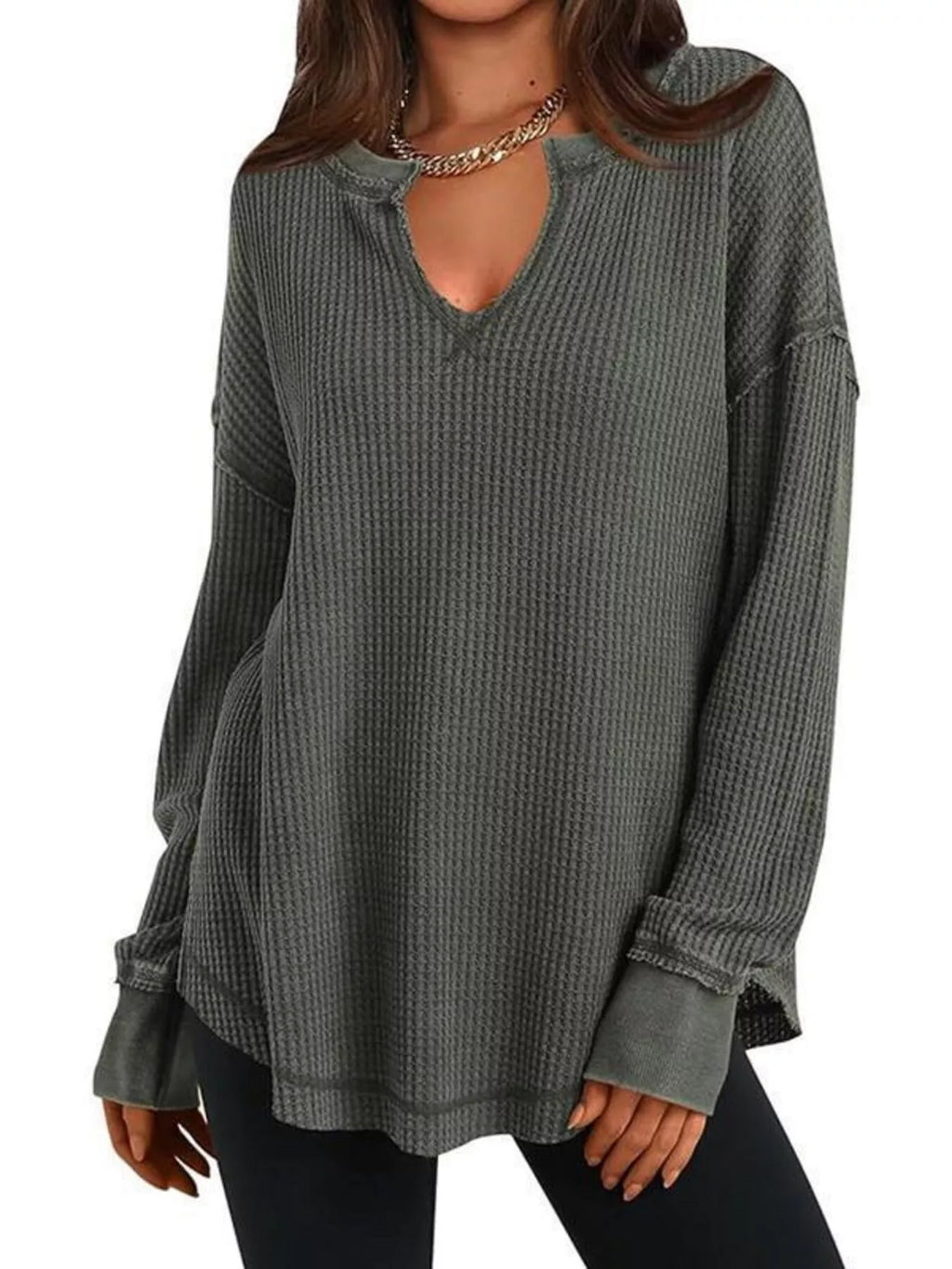 Sarah Express Women's Waffle Knit Long Sleeve Sweatshirt Gray