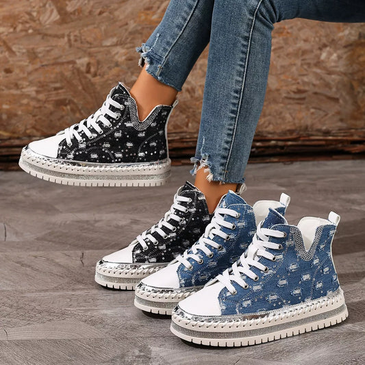 Sarah Express Women's Rhinestone Platform Sneakers Lace Up Canvas Shoes