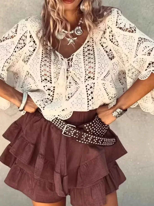 Sarah Express Women's Tassel V-Neck Crochet Knit Top