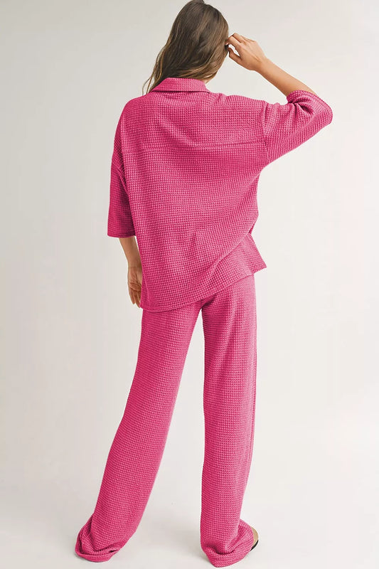 Sarah Express Women's Solid Color Textured Buttoned Shirt and Casual Pants Set