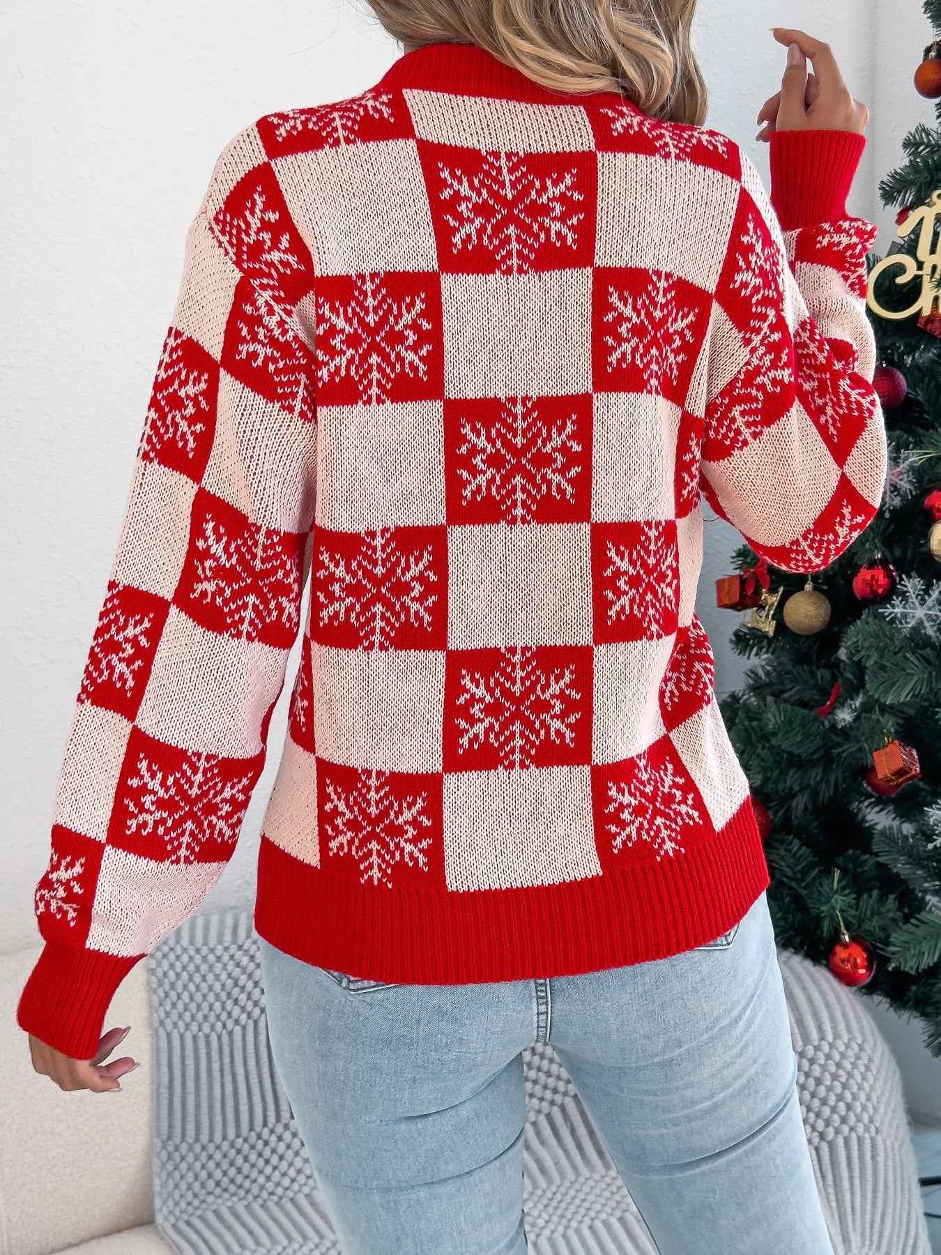 Sarah Express Women's Snowflake Plaid Lantern Sleeve Pullover Sweater - Jacquard Knit