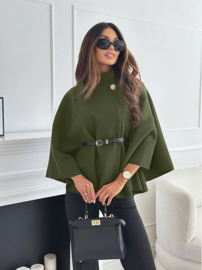 Sarah Express Women's Stand Collar Batwing Sleeve Cloak Top with Belt - Temperament Woolen Jacket Sweater Army Green