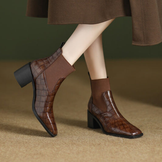 Sarah Express Women's Chunky Heel Square Toe Cowhide Leather Pumps | Minimalist Luxury Heels