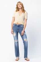 Sarah Express Women’s Plus Size Distressed Mid Rise Straight Jeans
