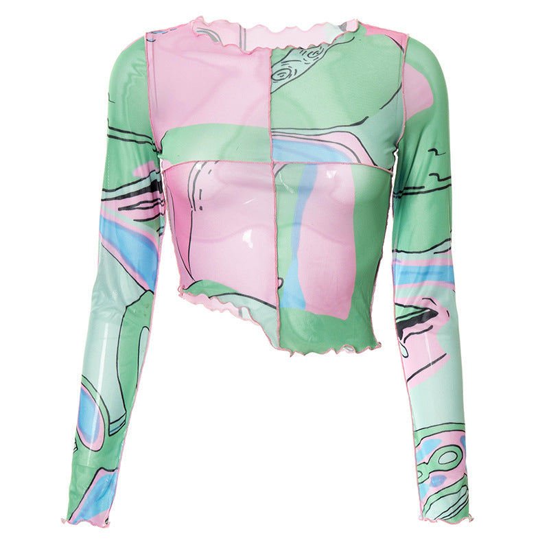 Sarah Express Women's Long Sleeve Crew Neck Printed Pullover Casual Top