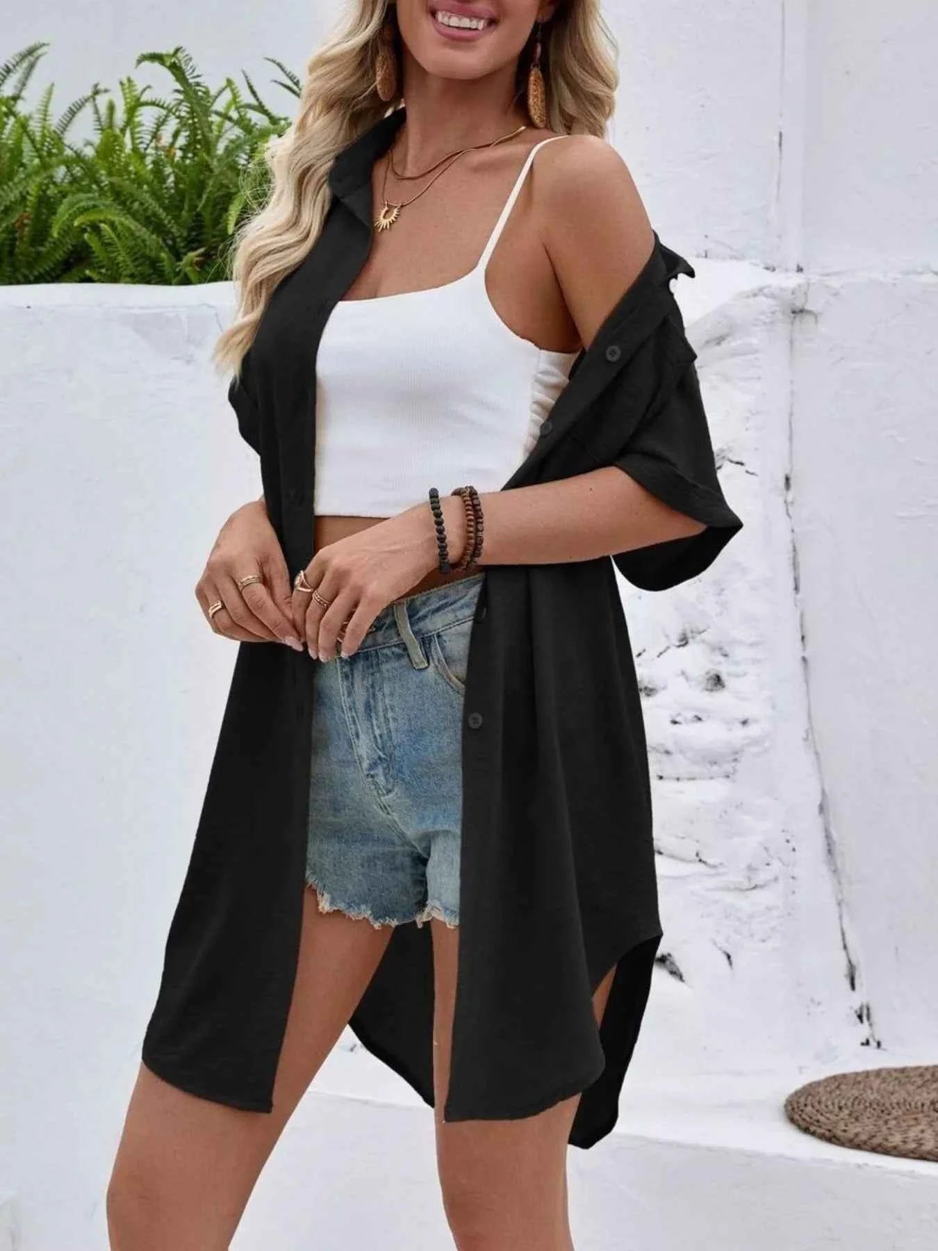 Sarah Express Women's Relaxed Fit Button-Down Longline Shirt - Oversized Casual Blouse