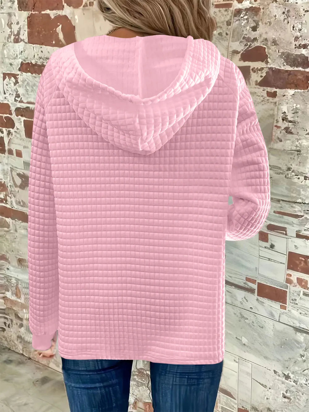 Sarah Express Women's Textured Button Detail Drawstring Long Sleeve Hoodie