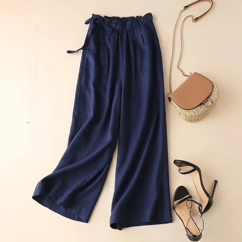 Sarah Express High Waist Lace-Up Cropped Pants Women's Elastic Waist Retro Cotton Casual Bottoms