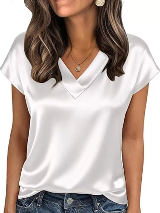Sarah Express Women's Satin V-Neck Short Sleeve Blouse White