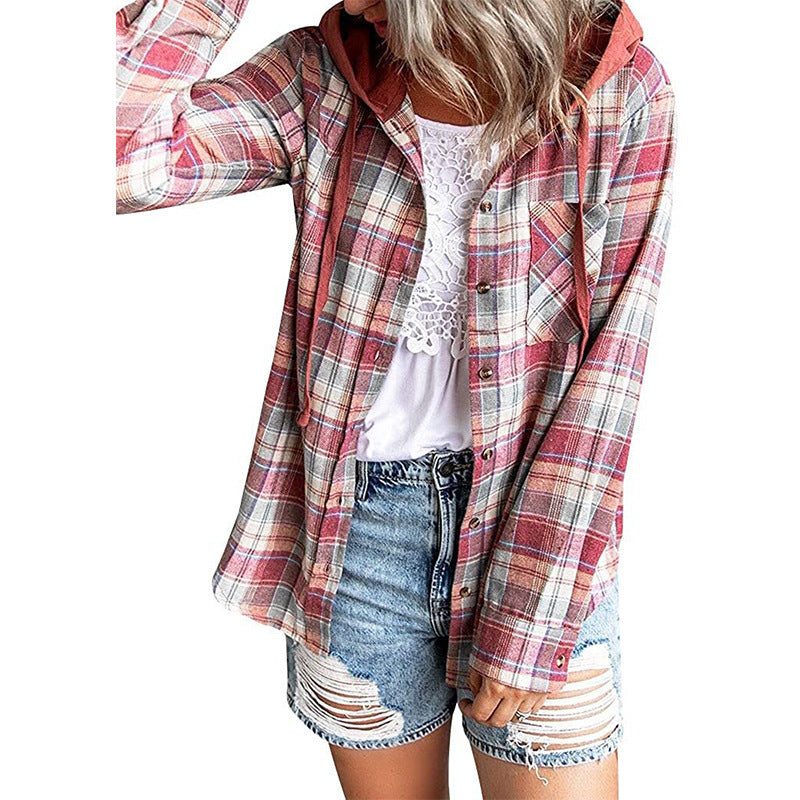 Sarah Express Women's Plaid Hooded Shirt Jacket Casual Loose Fit Pullover Top