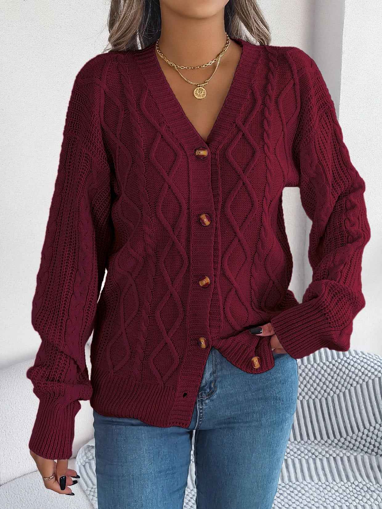 Sarah Express Women's Cable Knit Cardigan Sweater with V-Neck and Lantern Sleeves