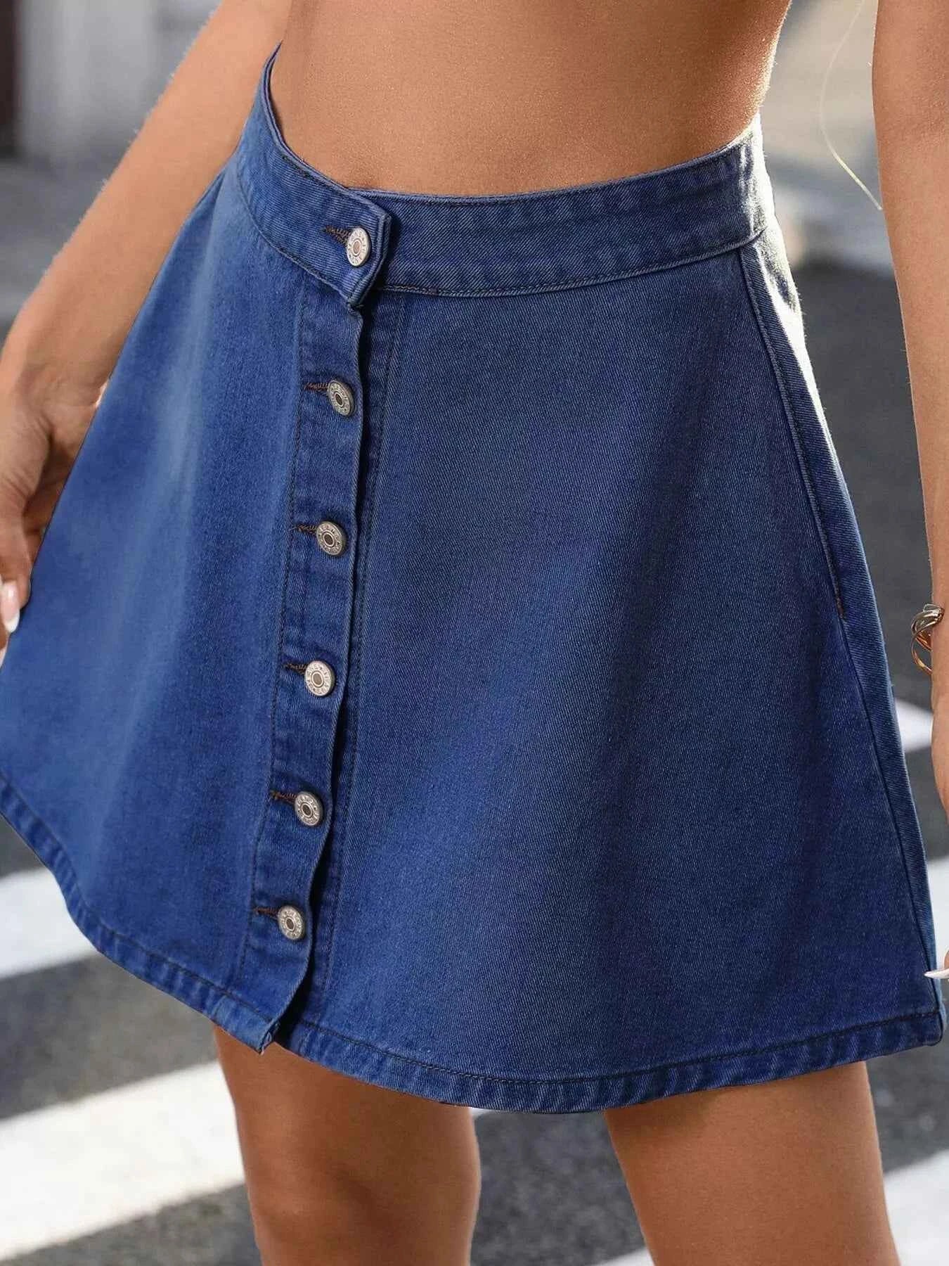Button-Front A-Line Denim Skirt