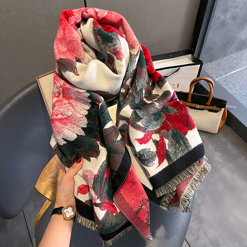 Sarah Express Women's Retro Floral Scarf Thick Warm Artificial Cashmere Tie Dye Fall Winter Accessory