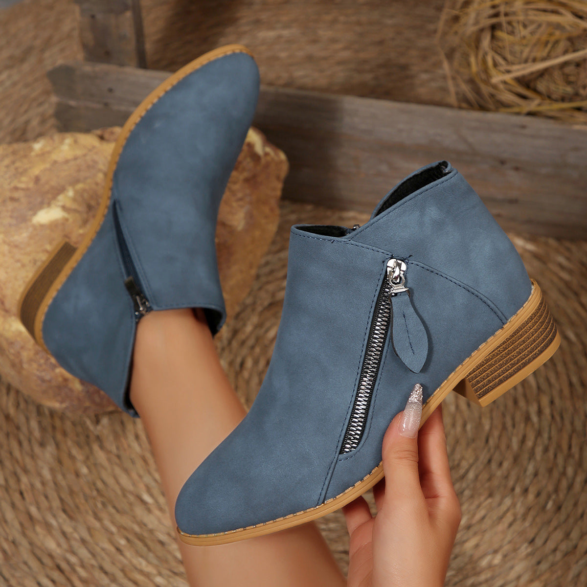 Sarah Express Women's Chunky Heel Pointed-Toe Ankle Boots – Side Zipper, PU Leather, Multi-Color Blue