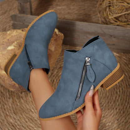 Sarah Express Women's Chunky Heel Pointed-Toe Ankle Boots – Side Zipper, PU Leather, Multi-Color Blue