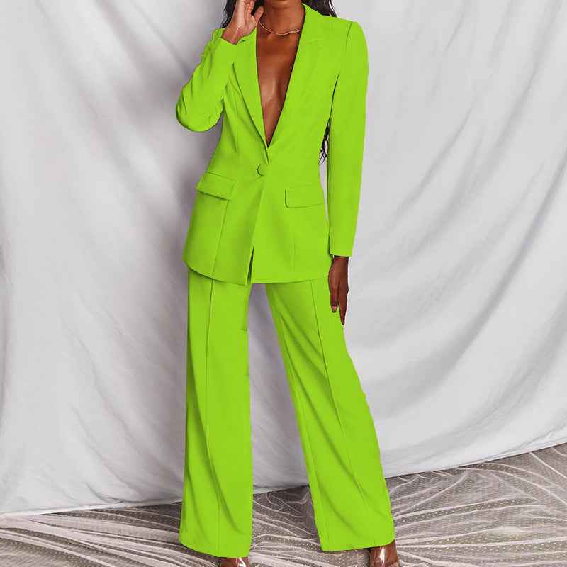 Sarah Express Women's Two Piece Blazer Suit Set - Lapel Button Down Jacket & Straight Leg Pants Green